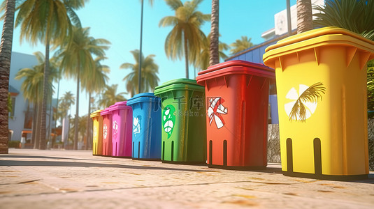 空荡荡的城市小巷上充满活力的回收箱，上面装饰着五彩缤纷的垃圾桶，其中有使用 3D 渲染技术创建的极端特写的棕榈树