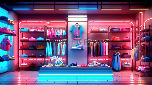 时尚精品店，以服装鞋履和个人配饰为特色，配有充满活力的霓虹灯 3D 渲染