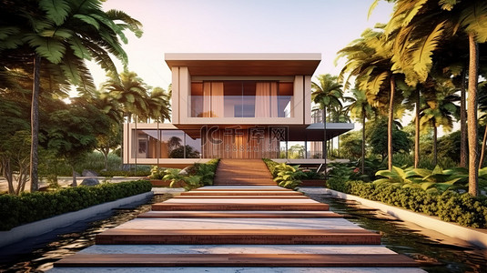 室外背景图片_现代热带房屋的插图，具有室外视角，令人惊叹的建筑设计理念