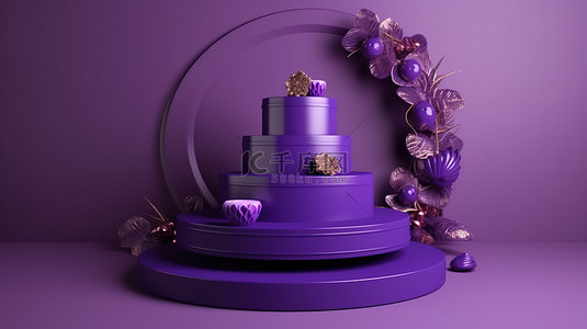 紫色讲台 3d 渲染装饰着节日快乐的新年装饰，用于展示您的产品