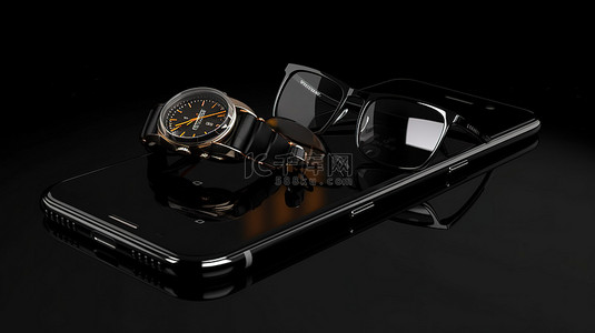 手机手表和眼镜在黑色背景上以 3D 渲染