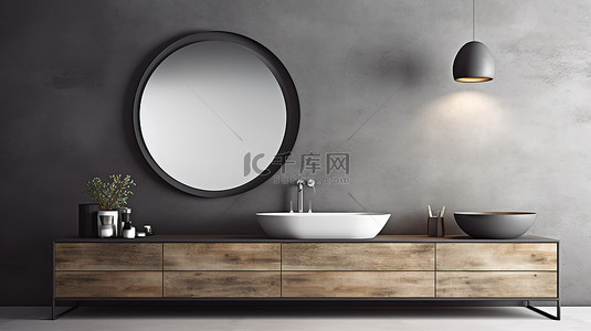 家庭卫生背景图片_现代浴室家具在灰色混凝土地板上的 3D 渲染与墙镜白色水槽和黑色口音