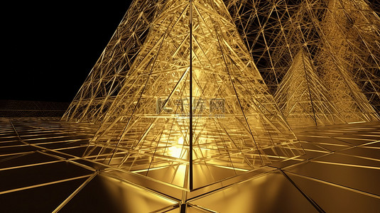 波浪线条背景图片_线框黄金封闭的三角形金色建筑的 3D 渲染