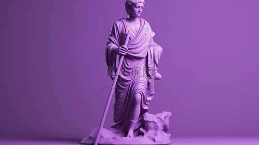 紫色 3d 渲染雕像，背景左侧有一根棍子