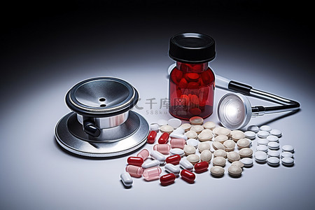 药片和药物旁边的听诊器