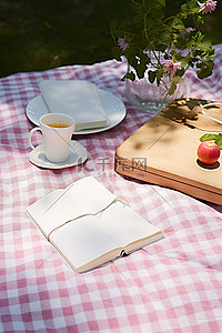一张野餐桌，上面有一本书苹果和草莓