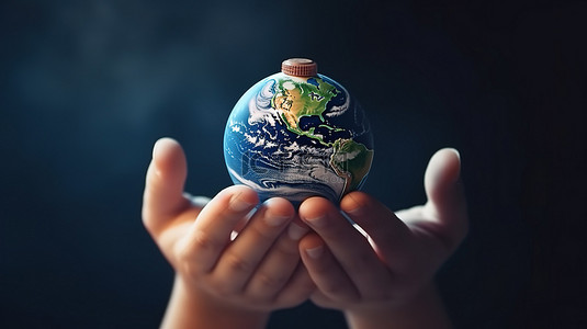 海洋背景图片_拯救地球 3D 插图，手握地球和火箭，以教育科学概念