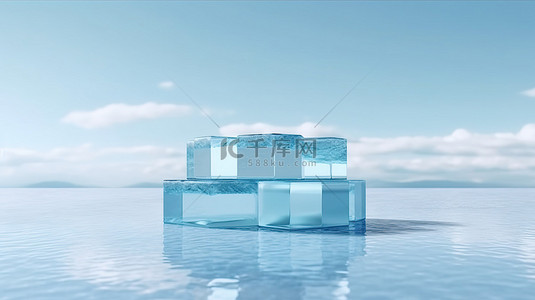 冰冻优雅蓝色冰展示台设置在海中 3D 渲染