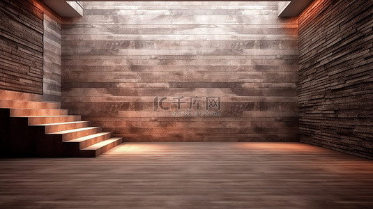 楼梯空间背景图片_当代地下空间，配有楼梯和空白展示区，靠木墙画廊商业 3D 概念化