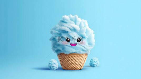 富有想象力的华夫饼锥杯，配有美味的冰淇淋和令人愉悦的蓝色绒球 3D 渲染