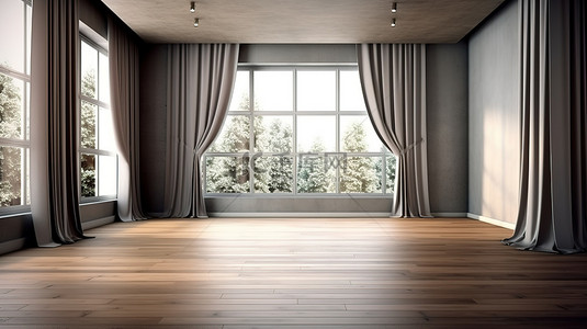 简约国风横板背景图片_简约的生活空间灰色装饰石膏墙木地板和干净的窗户以 3D 呈现