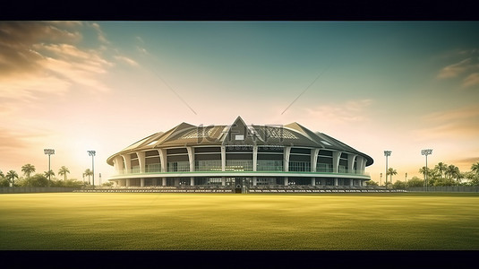 板球场的 3D 插图，具有体育场和郁郁葱葱的绿色球场的前视图