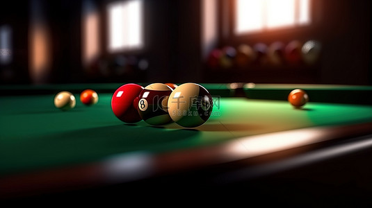 台球对阵背景图片_斯诺克台球桌的 3D 渲染，配有台球和瞄准白球的昏暗玩家