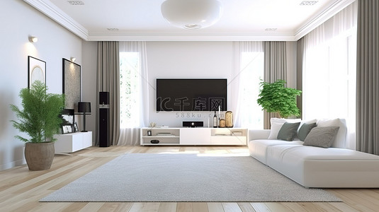 书房电视背景图片_明亮的白色客厅配有宽屏电视 3D 概念