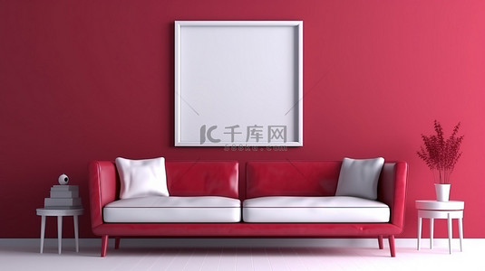 带矩形相框和时尚配饰的红色单色室内房间的 3D 渲染