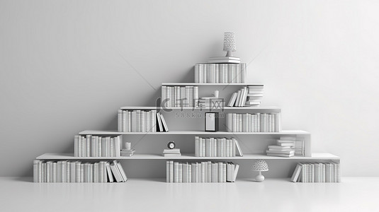 白色背景上孤立楼梯和书籍的 3D 插图
