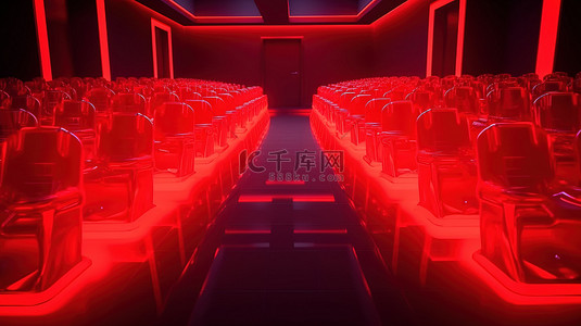 令人惊叹的霓虹灯电影院，配有相同的红色卡通软椅 3D 渲染