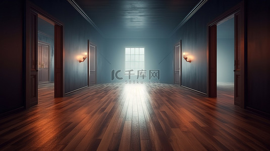 思路决定出路背景图片_克服障碍和适应的旅程 一间光线昏暗的木地板房间的图像，光线从入口处窥视