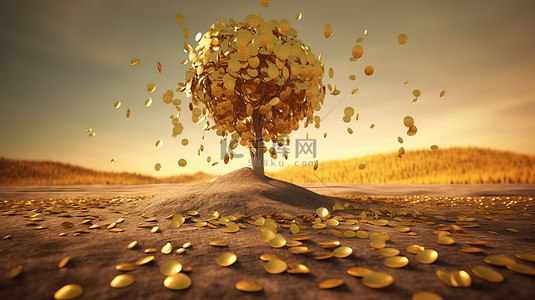 金币贷款背景图片_金币雨滴落在一棵金钱树的 3D 渲染上，描绘了明智投资的概念