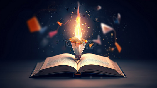 插图的创新火箭灯泡的概念充满创意和背景中的一本书