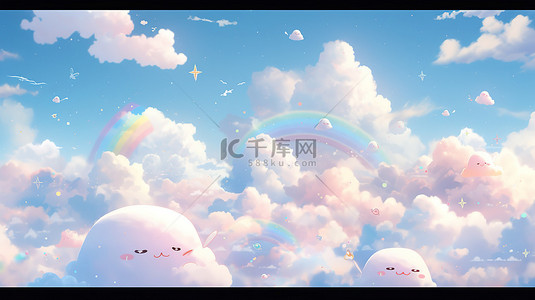 紫色天空背景背景图片_柔和柔和的渐变天空与 3d 渲染的卡通彩虹云和梦幻般的风景中的星星