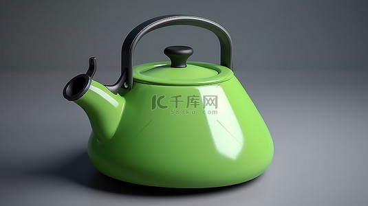 水壶背景图片_绿色金属水壶茶壶 3d 渲染，在顶视图上具有隔离的剪切路径