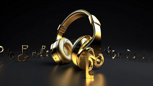 音符音乐背景图片_金色 3d 音符耳机渲染音乐概念