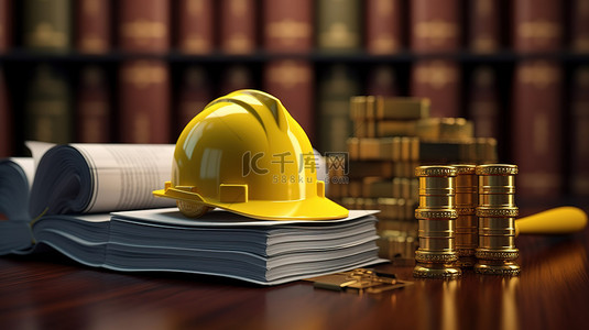 建筑行业劳动法通过黄色安全帽头盔木槌和 3D 渲染桌上的法律书籍进行概念化
