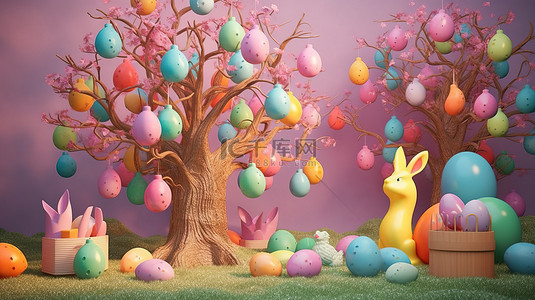 欢快的复活节树，带 3D 背景鸡蛋兔子礼物和鸡