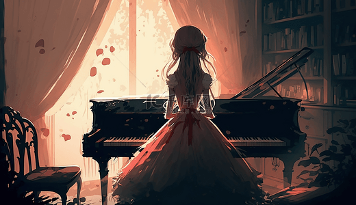 钢琴女孩梦幻唯美光影背景