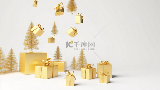 3D 礼品盒，手绘圣诞树金色笑脸和白色背景上的白色空间