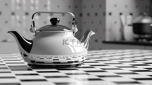 水壶背景图片_复古厨房复古单色水壶茶壶的等距 3D 渲染