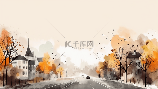 秋天水彩风景插画
