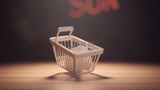 销售活动概念 3d 呈现购物篮，销售背景上带有折扣标签