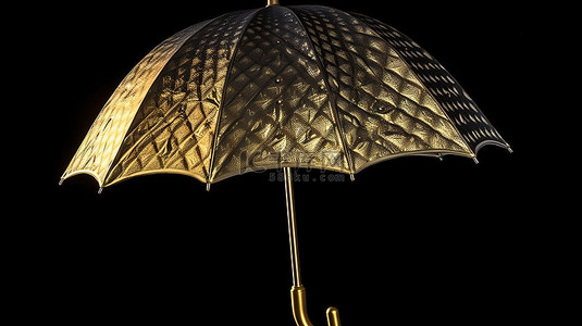 黑色背景下的 3D 渲染中的金色雨伞