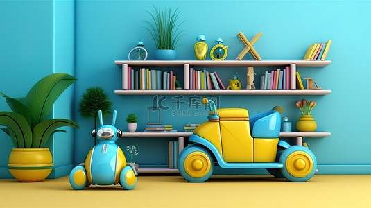 蓝色场景中黄色地板和书架的卡通三轮车的抽象 3D 渲染