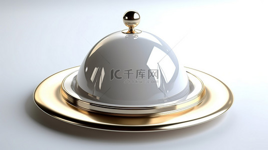 白色背景背景图片_关闭餐厅钟形的 3D 渲染，放置在白色背景隔离的盘子上