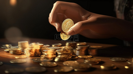卡通金币背景图片_数字支付使手握金币进行在线交易的 3D 渲染变得容易