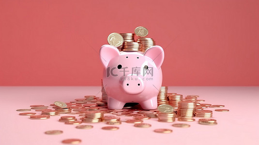 粉红色背景下的存钱罐和退休基金储蓄的 3D 渲染