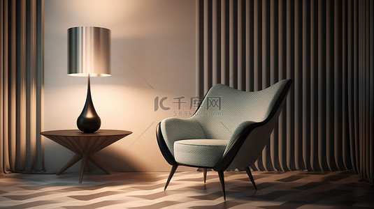 装饰艺术酒店房间的 3D 渲染，配有舒适的桌椅和灯