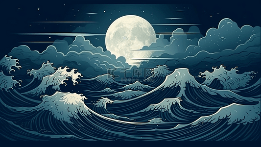大海帆船背景图片_月亮大海卡通
