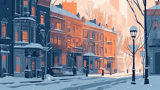 卡通房子街道冬天夕阳路灯