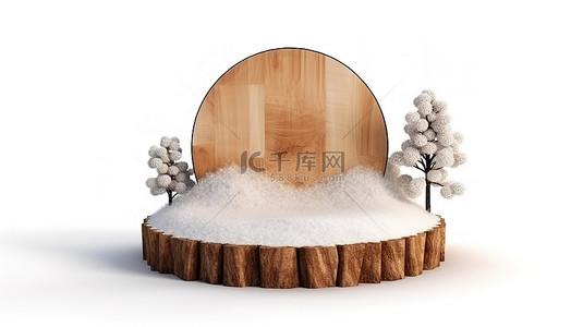 雪地背景图片_白色背景的 3D 孤立插图，带有圆形土壤地面和雪堆中的木制横幅