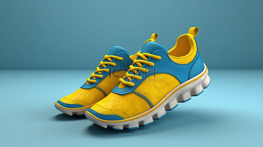 跑鞋背景图片_充满活力的男女通用运动鞋，采用蓝色和黄色帆布，鞋底升高 3D 渲染
