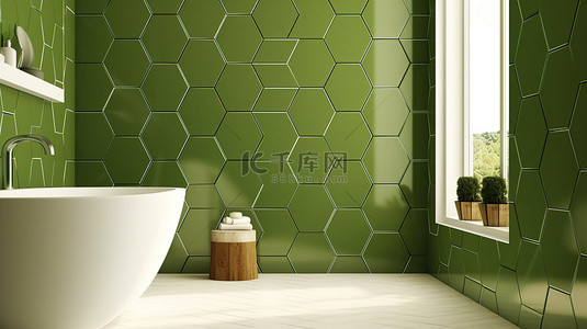 漂亮的瓷砖背景图片_浴室墙上橄榄绿几何多边形瓷砖的极端特写，白色地板 3D 渲染