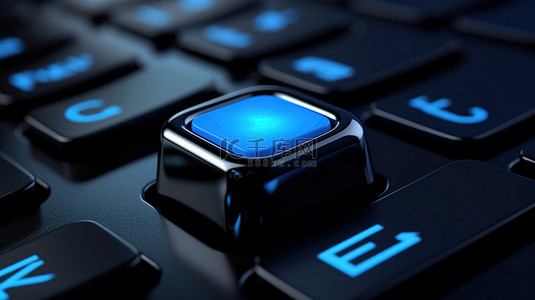 网页设计整套背景图片_计算机用户在 3D 渲染中的模糊背景下按下黑色键盘和蓝色按钮进行网页设计的特写视图