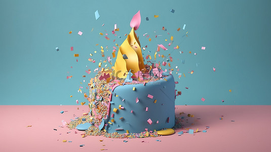 柔和的主题生日庆祝 3d 渲染蛋糕与蜡烛和爆裂的五彩纸屑派对波普尔