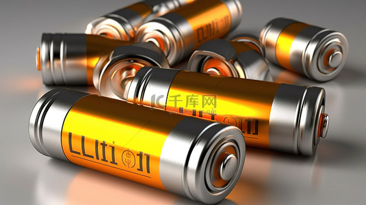 锂离子电池和金属锂元素符号的 3D 插图
