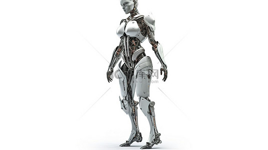 白色背景 3D 渲染中女性机器人或机器人的全长孤立图像