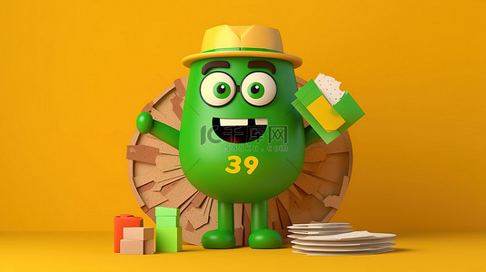 带有回收标志信息图形业务饼图和黄色背景的绿色垃圾箱字符吉祥物的 3D 渲染